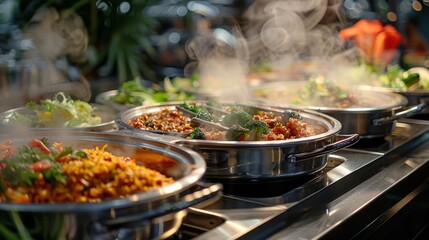 buffet catering services, steam rising from chafing dishes, offering a variety of hot dishes at a buffet dinner, perfect for a big gathering or celebration