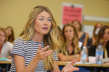 Obraz premium blonde girl doing public speaking. black and white striped shirt, long blonde hair, public speaking confidence photo.