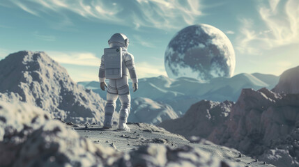 An astronaut gazes at a distant planet, inspiring awe and curiosity.