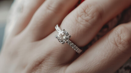 Close-up of an elegant engagement ring embracing a tender finger grasp.