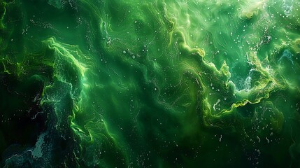 A serene yet dynamic image of algae swirling patterns in green waters, simulating a satellite view of earth-like textures.