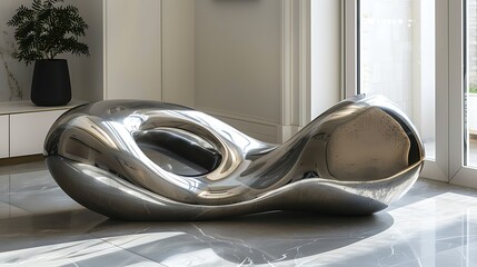 A sleek and modern sculpture rendered in a metallic finish, with a smooth, reflective topaz surface that catches the light and creates dazzling reflections, set against a minimalist backdrop.