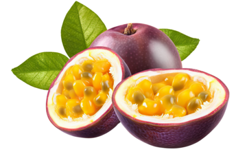 Exotic Passion Fruit with Lush Leaves Isolated on transparent background