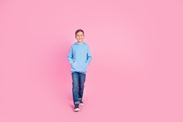 Full body photo of positive cool schoolchild put hands hoodie pocket walk empty space isolated on...