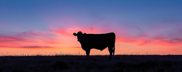 summer background with a cow standing in the grass