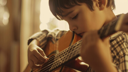 Child plucks guitar strings, immersed in the melody of youthful musical discovery.