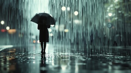 Rainy Night Stroll: Person Walking with Umbrella in Cityscape