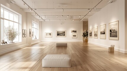 Fototapeta premium A beautiful art gallery with large windows and white walls. The gallery is filled with sculptures and paintings.