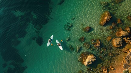 A mesmerizing aerial view of two kayakers gliding through the electric blue waters of the ocean, surrounded by marine life and underwater landscape AIG50