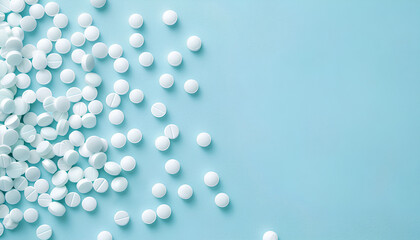 Many antibiotic pills on light blue background, top view. Space for text