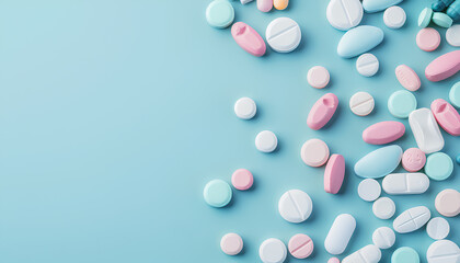 Many antibiotic pills on light blue background, top view. Space for text