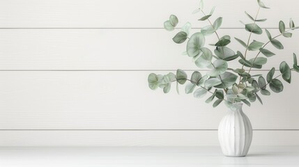 A beautiful still life image of a vase of eucalyptus leaves on a whitewashed wooden background. Perfect for a blog post or website header.