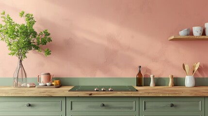 Pink and green kitchen interior with a minimalist design. There is a wooden table with a vase of greenery, a cutting board, and some kitchen utensils. 