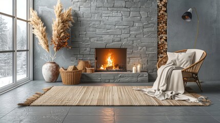 A cozy living room with a fireplace, armchair, rug, and firewood.