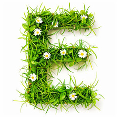Green organic grass with tiny flowers made letter E on white clean background. Environment concept. Generative AI
