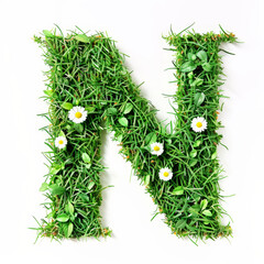 Green organic grass with tiny flowers made letter N on white clean background. Environment concept. Generative AI