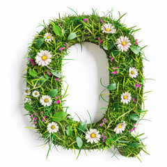 Green organic grass with tiny flowers made letter Q on white clean background. Environment concept. Generative AI