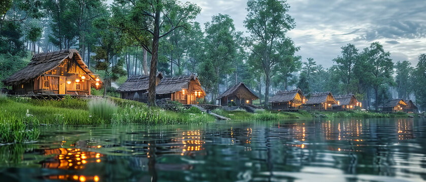 Traditional Wooden House by the Lake in a Tropical Forest, Calm Waters and Lush Greenery, Unique Vacation Spot