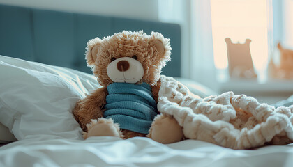 Toy cute bear with bandage under blanket in bed