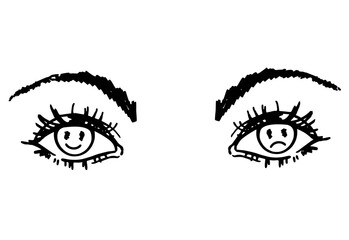 Hand-drawn the eyes. Positive and negative emotions concept sketch. Smiling and a crying faces in the pupils. Emotional instability, ambivalence, bipolar disorder