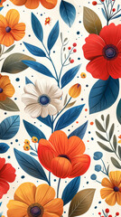 Floral design with red, yellow and blue flowers on a white background.
