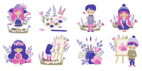 Set of different kids,  who drawing, cartoon vector characters with flowers