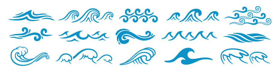 Abstract sea waves. Ocean silhouette aqua curlicues, ripples, curls, splashes. Turquoise and blue water marine icons for graphic design. Logo template. Vector set