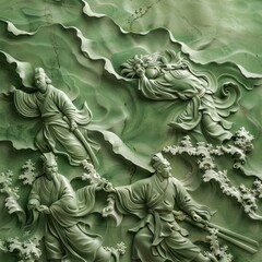 chinese cloud and samurais fight pattern green sea waves relief