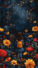 Girl with a backpack on a dark background with red and yellow flowers.