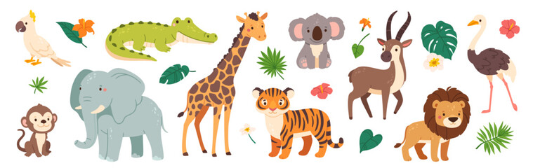 Funny safari animals. Cute cartoon kids animal character. Wild tiger, giraffe, happy koala, African crocodile, jungle monkey. Jungle plant and decorative elements. Vector collection