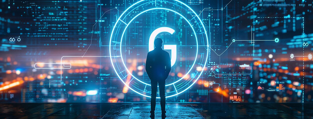 Modern concept inspired futuristic background banner with a person standing in front of a digital projected blue color screen with 6G technology introducing 