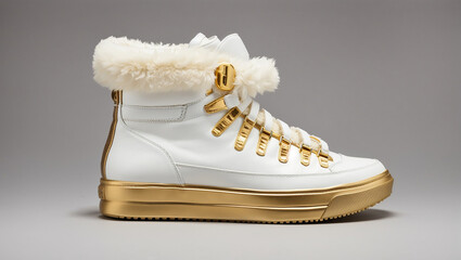 A pair of white and gold high-top sneakers with the laces tied.

