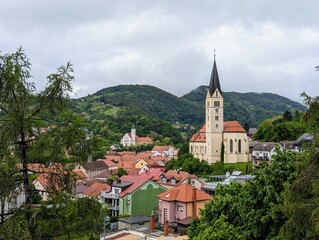 Fototapeta na wymiar Beautiful hillside cityscape, St Nicholas Parish Church in Krapina, Croatia, Hrvatsko zagorje, buildings and architecture background, wallpaper 