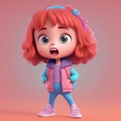 3D illustration cartoon of red hair girl was shocked and surprised, isolated on pink pastel background