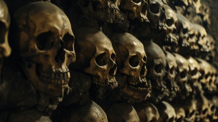 Collection of skulls and bones covered with spider web and dust in the catacombs. Numerous creepy skulls in the dark. Abstract concept symbolizing death, terror, and evil - Powered by Adobe