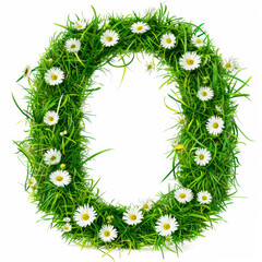 Green organic grass with tiny flowers made letter O on white clean background. Environment concept. Generative AI