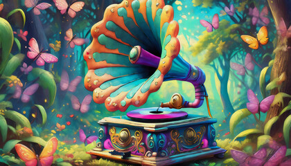 oil painting style cartoon illustration multicolored classic retro old gramophone, 