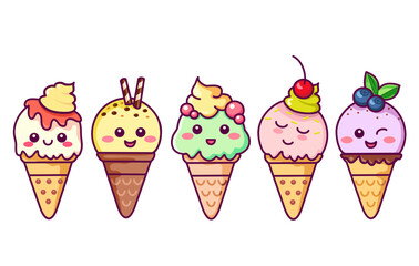 Kawaii Ice Cream cones characters. Muzzle with pink cheeks, winking eyes, pastel colors. Sweet kawaii smiling summer delicacy