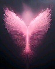 Create an imaginative narrative describing the formation of wings emerging from the abstract pink light particles, evoking a sense of transformation, freedom, and ethereal beauty against the dark