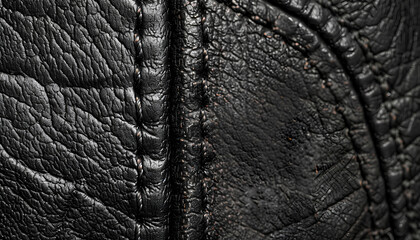 Black natural leather with seams as background, closeup view