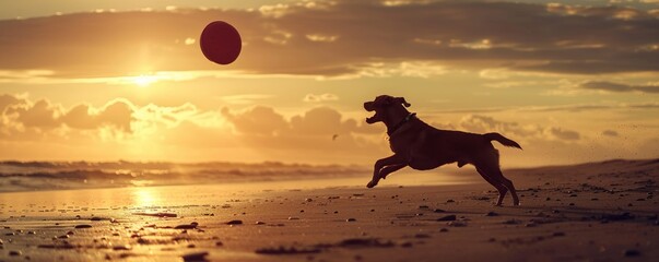 summer background with a dog running on the beach and a frisbee in the air