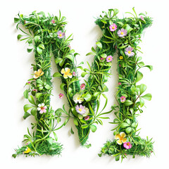 Green organic grass with tiny flowers made letter M on white clean background. Environment concept. Generative AI