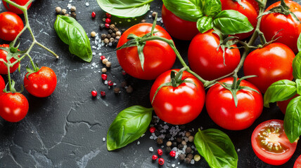 A bunch of ripe red tomatoes and basil leaves on a black counter - Powered by Adobe