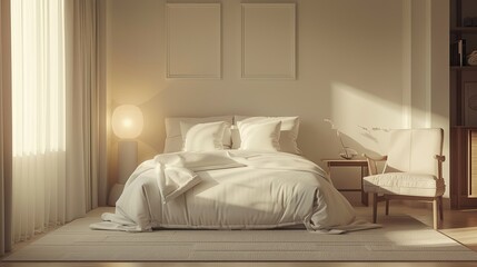 3D rendering of minimalist bedroom with neutral decor and soft lighting