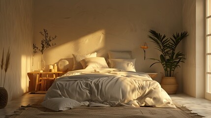 3D rendering of minimalist bedroom with neutral decor and soft lighting