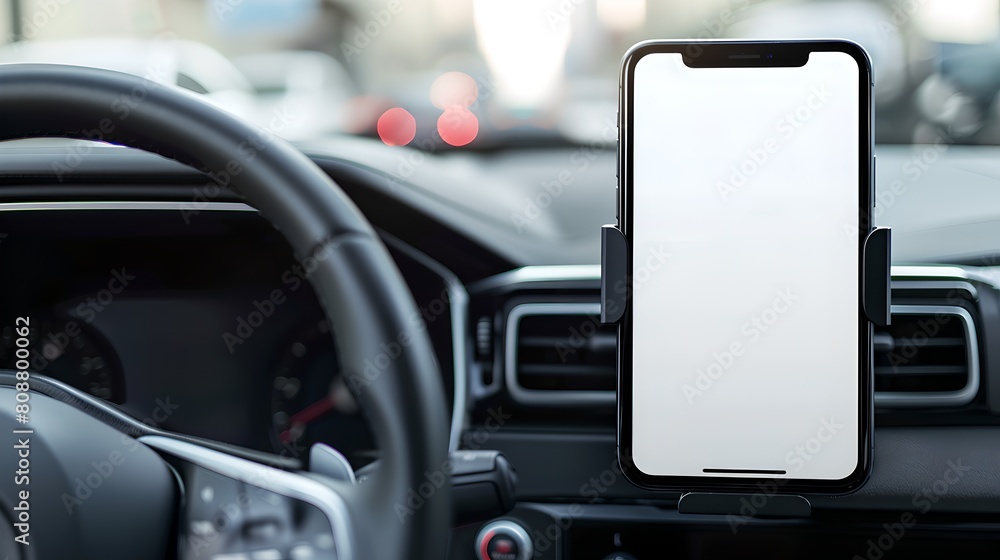 Poster smartphone mounted on car dashboard. modern device used for navigation. clean and simple design. ide