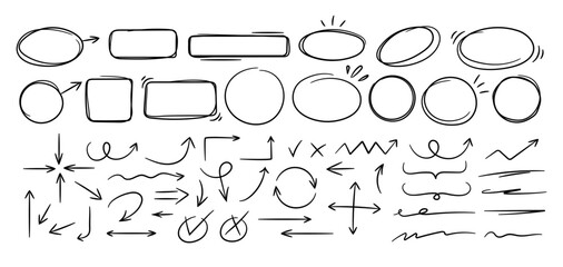 Sketch line frames, pointers. Doodle arrow, circle, oval and square shape frame, check mark elements. Freehand black marker, pen underline and navigation symbols. Vector set © Foxy Fox