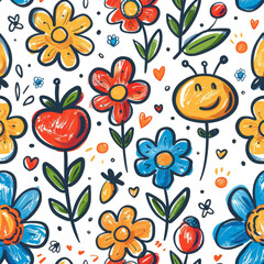 Pattern design with child-drawn flowers and fruits on a white background.