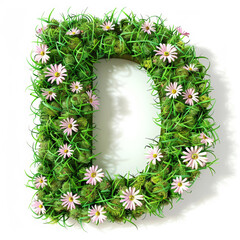 Green organic grass with tiny flowers made letter D on white clean background. Environment concept. Generative AI