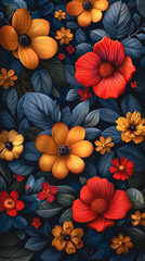Floral background of red and yellow flowers among dark foliage.
